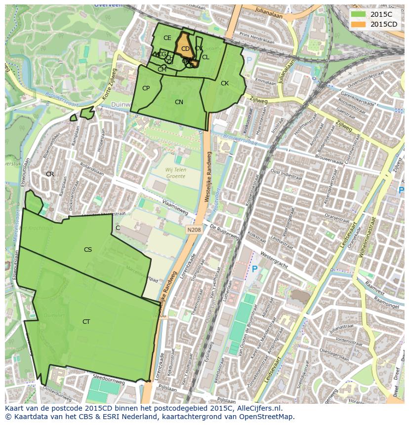 Afbeelding van het postcodegebied 2015 CD op de kaart.