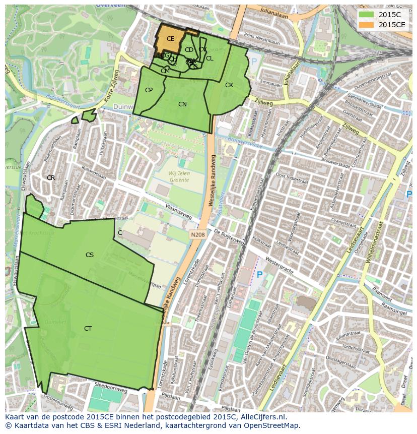 Afbeelding van het postcodegebied 2015 CE op de kaart.