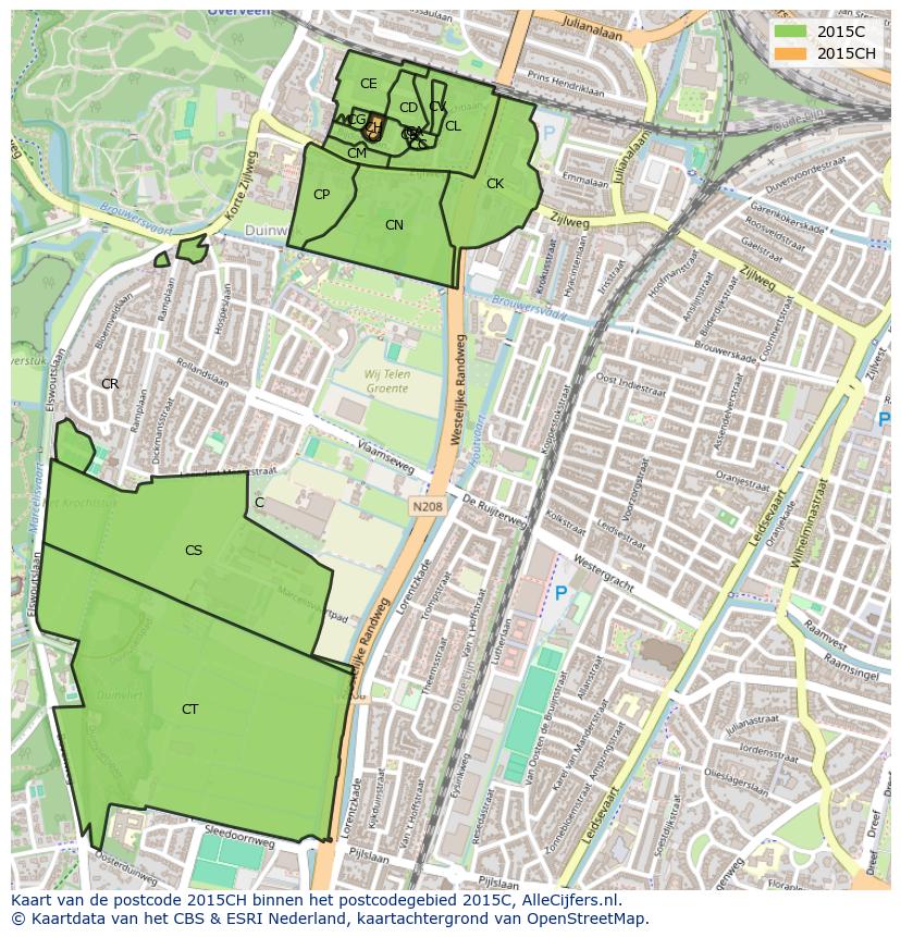 Afbeelding van het postcodegebied 2015 CH op de kaart.
