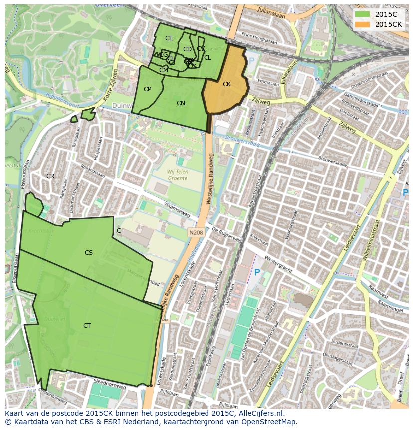 Afbeelding van het postcodegebied 2015 CK op de kaart.