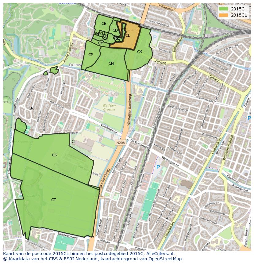 Afbeelding van het postcodegebied 2015 CL op de kaart.