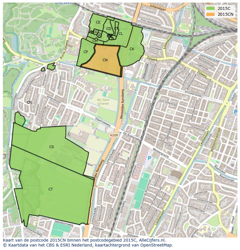 Afbeelding van het postcodegebied 2015 CN op de kaart.