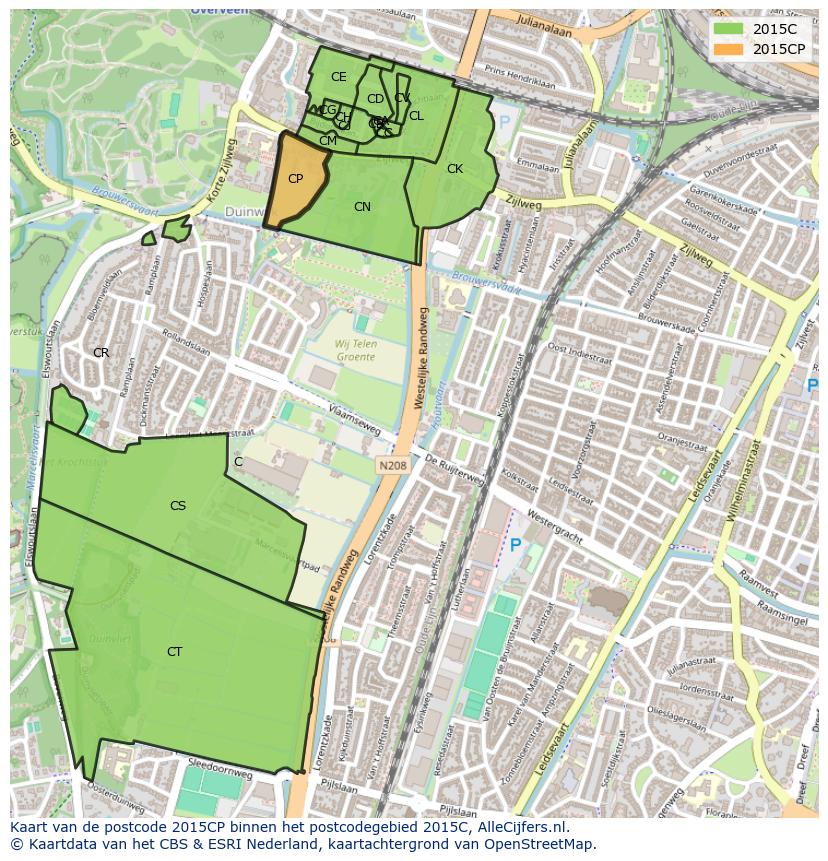 Afbeelding van het postcodegebied 2015 CP op de kaart.