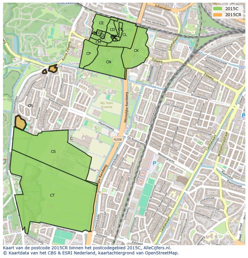 Afbeelding van het postcodegebied 2015 CR op de kaart.