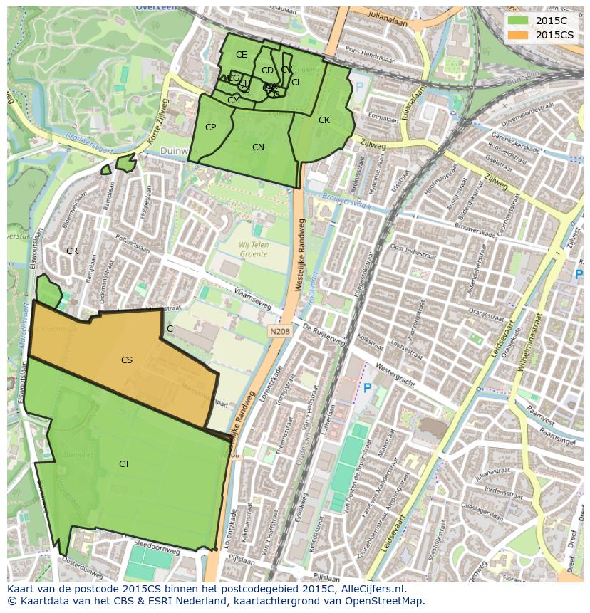 Afbeelding van het postcodegebied 2015 CS op de kaart.