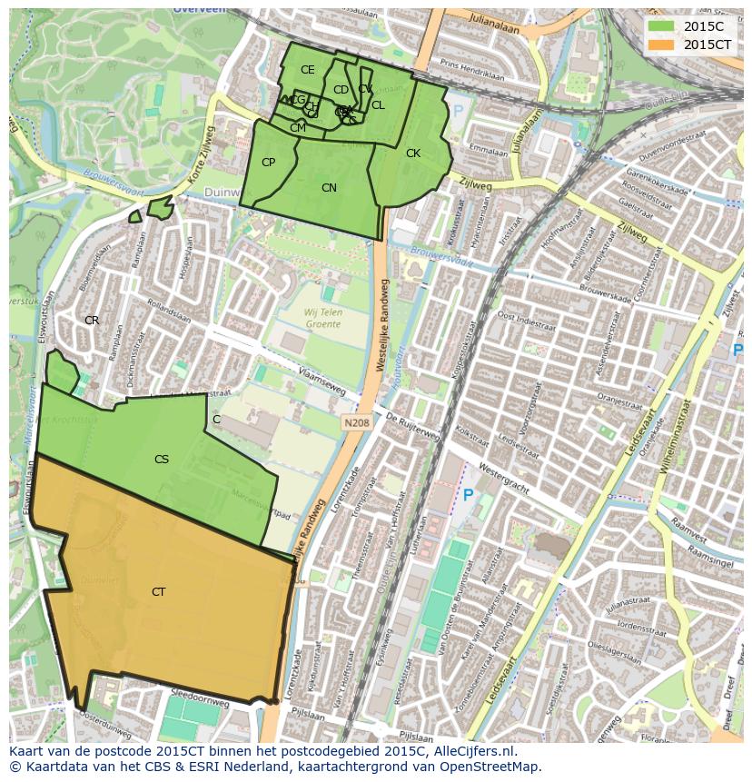 Afbeelding van het postcodegebied 2015 CT op de kaart.