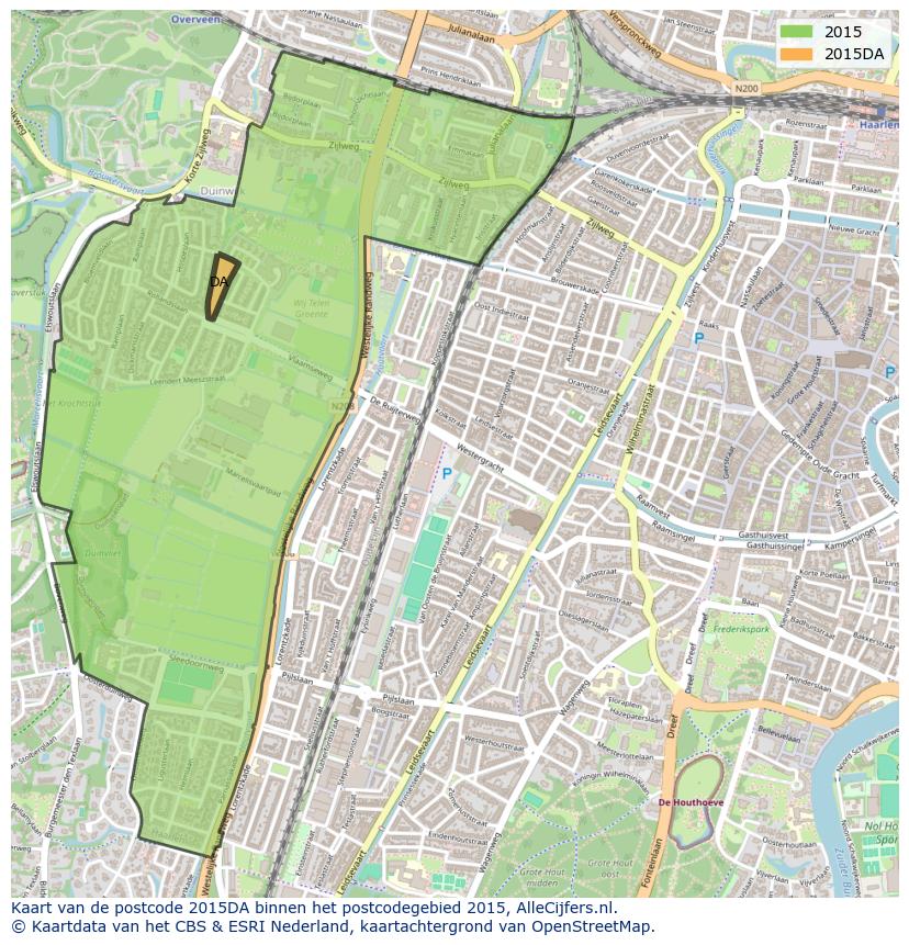 Afbeelding van het postcodegebied 2015 DA op de kaart.