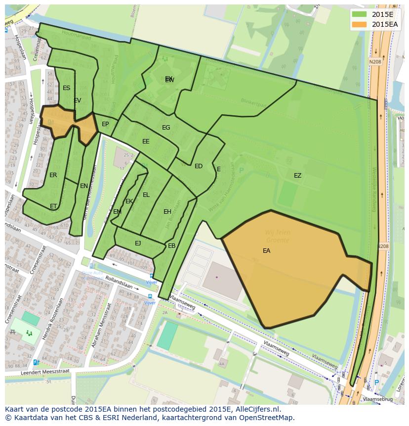 Afbeelding van het postcodegebied 2015 EA op de kaart.