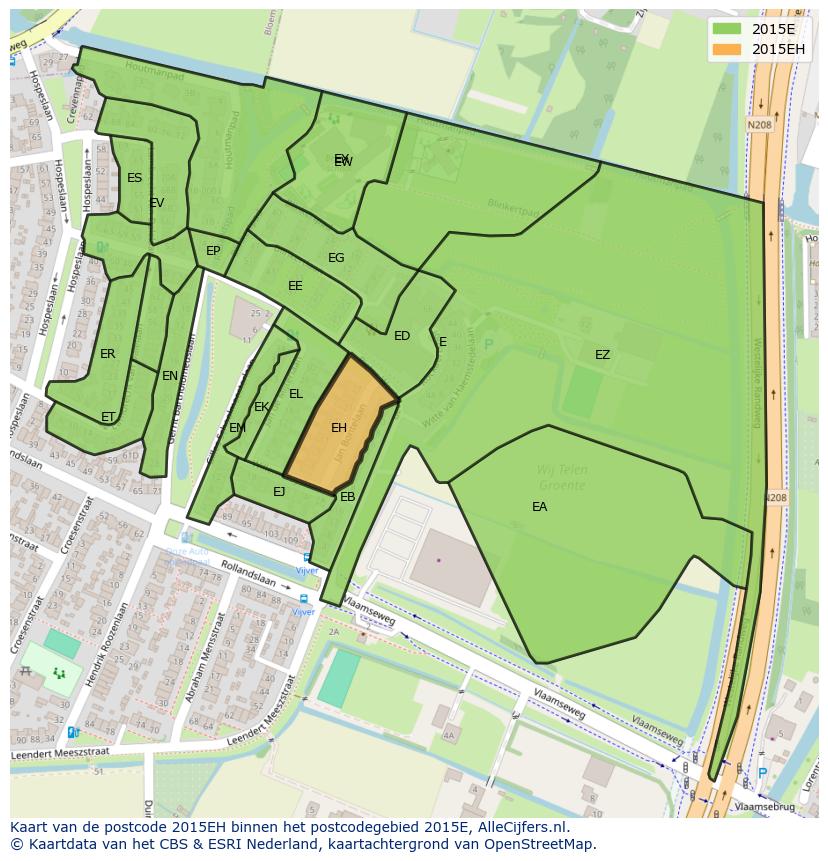Afbeelding van het postcodegebied 2015 EH op de kaart.