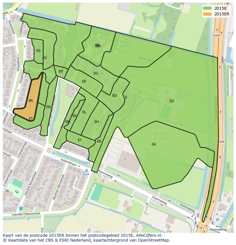 Afbeelding van het postcodegebied 2015 ER op de kaart.