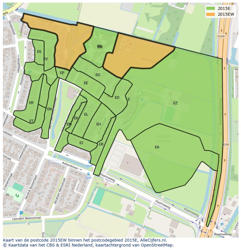 Afbeelding van het postcodegebied 2015 EW op de kaart.