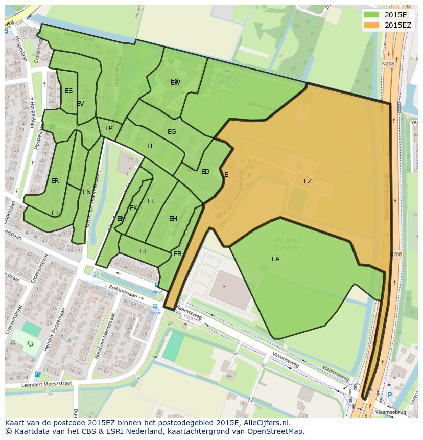 Afbeelding van het postcodegebied 2015 EZ op de kaart.