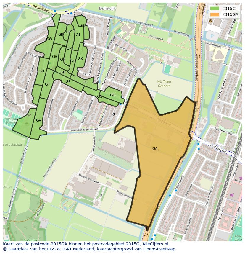 Afbeelding van het postcodegebied 2015 GA op de kaart.
