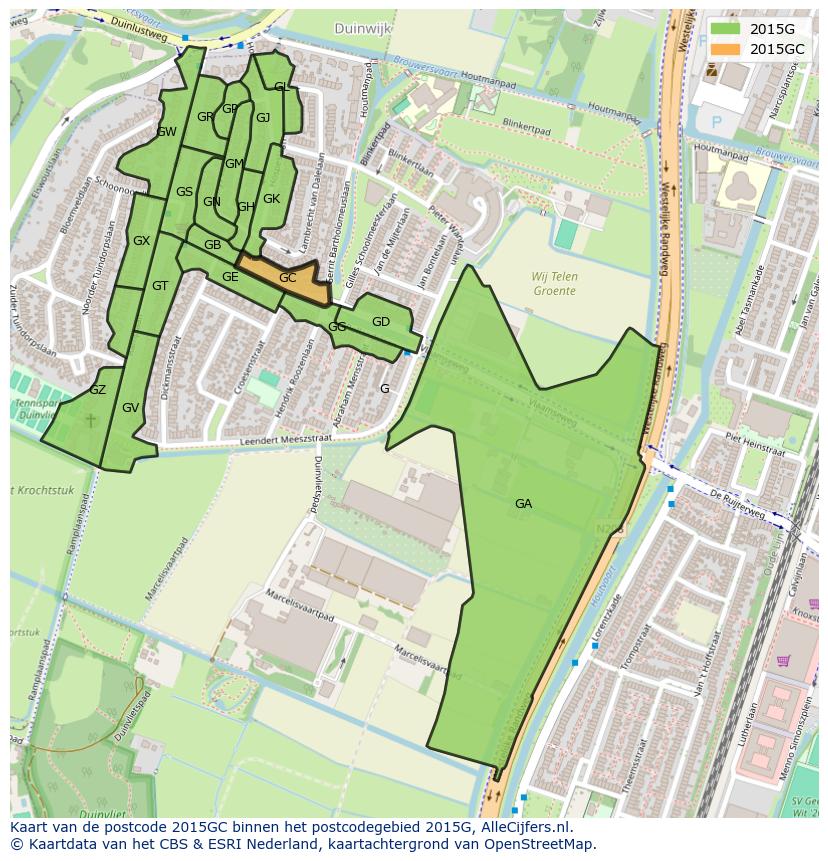 Afbeelding van het postcodegebied 2015 GC op de kaart.