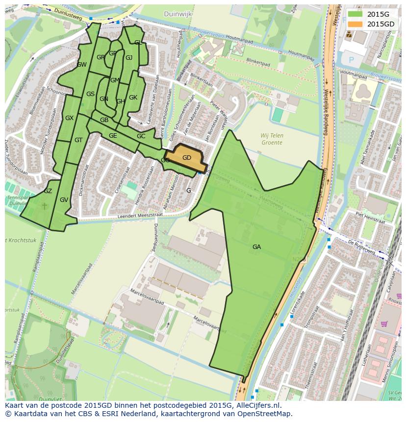 Afbeelding van het postcodegebied 2015 GD op de kaart.