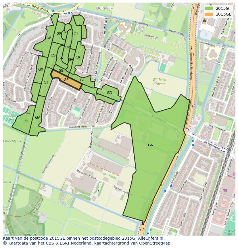 Afbeelding van het postcodegebied 2015 GE op de kaart.