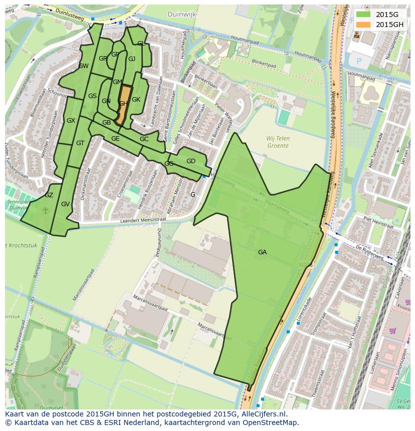 Afbeelding van het postcodegebied 2015 GH op de kaart.