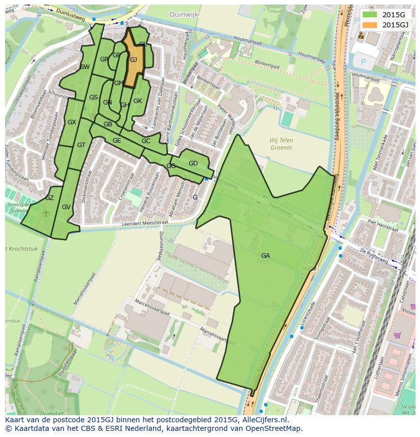 Afbeelding van het postcodegebied 2015 GJ op de kaart.