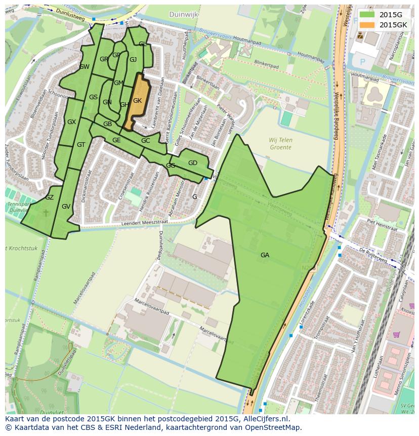 Afbeelding van het postcodegebied 2015 GK op de kaart.