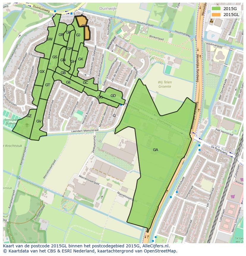 Afbeelding van het postcodegebied 2015 GL op de kaart.