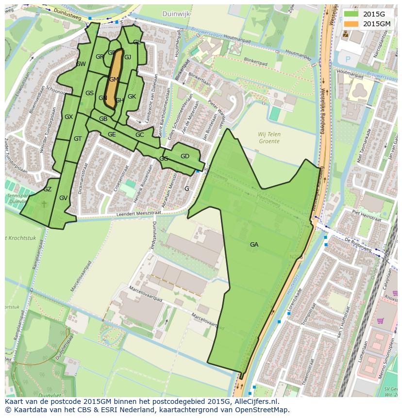 Afbeelding van het postcodegebied 2015 GM op de kaart.
