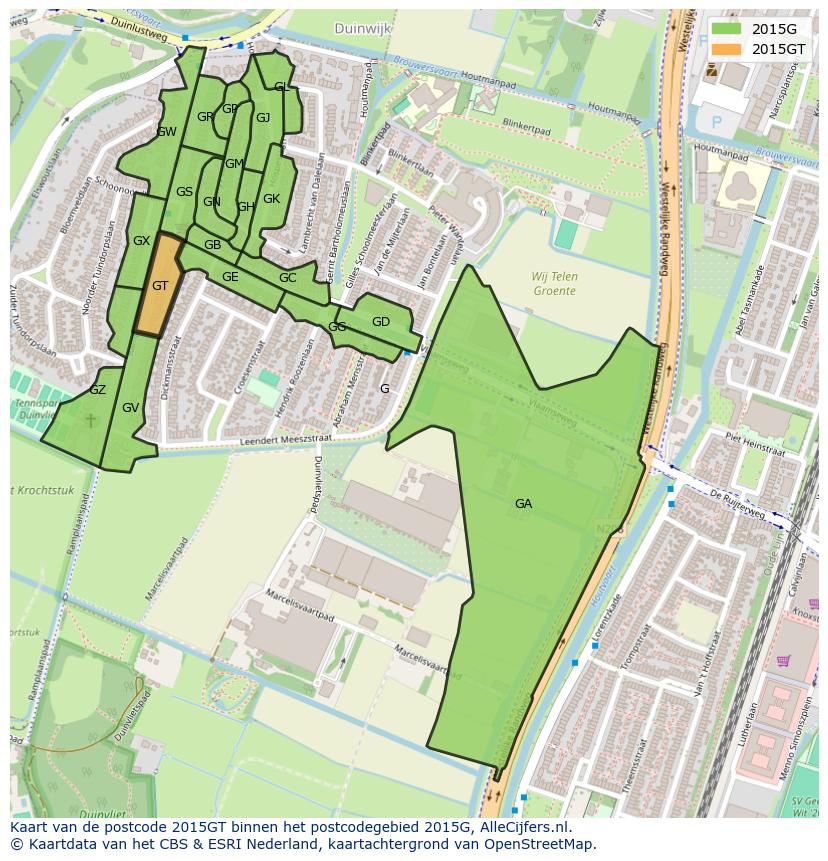 Afbeelding van het postcodegebied 2015 GT op de kaart.