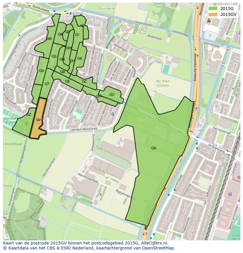 Afbeelding van het postcodegebied 2015 GV op de kaart.