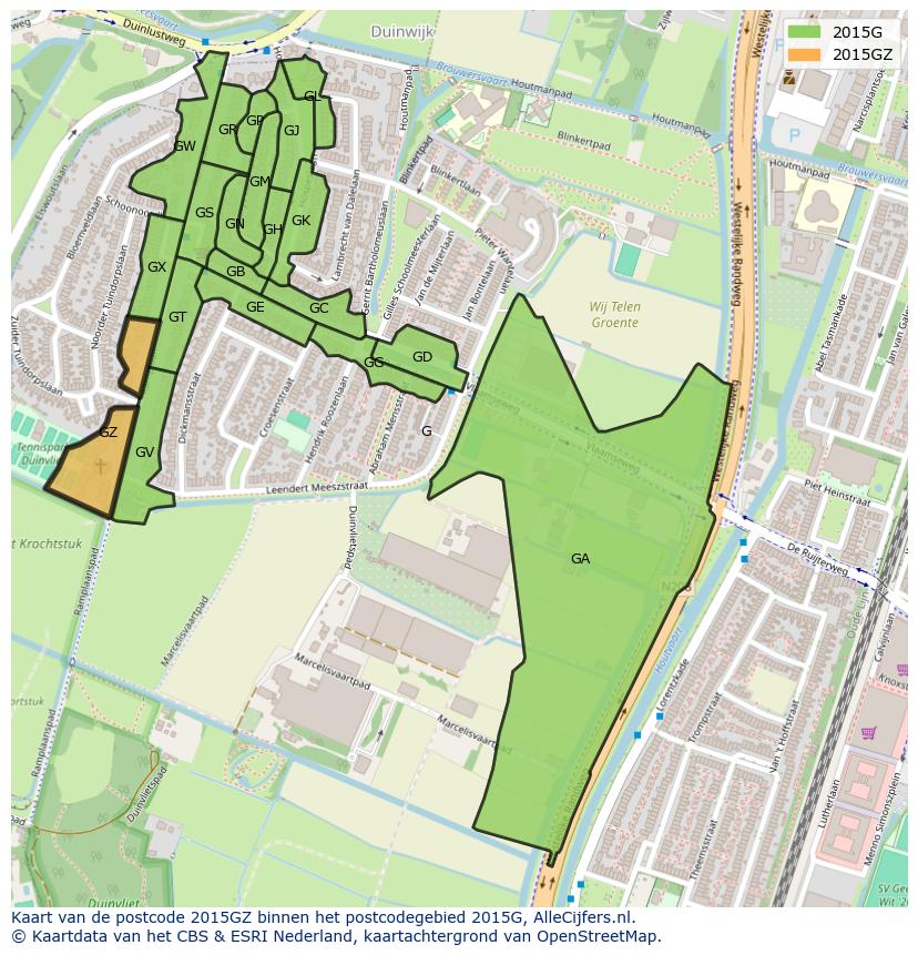 Afbeelding van het postcodegebied 2015 GZ op de kaart.