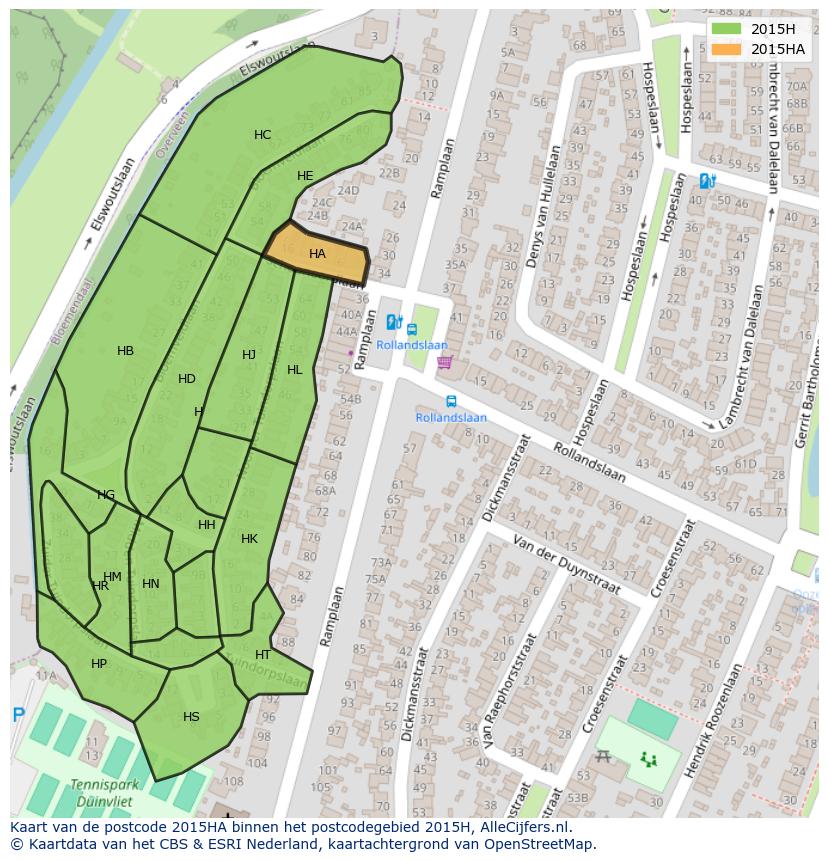Afbeelding van het postcodegebied 2015 HA op de kaart.