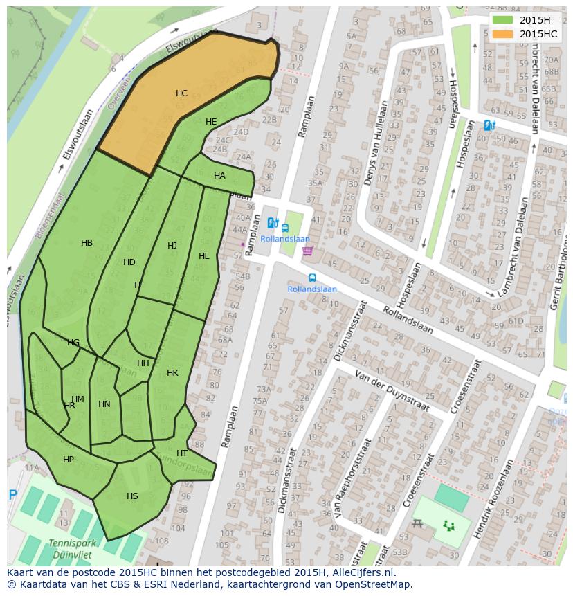Afbeelding van het postcodegebied 2015 HC op de kaart.