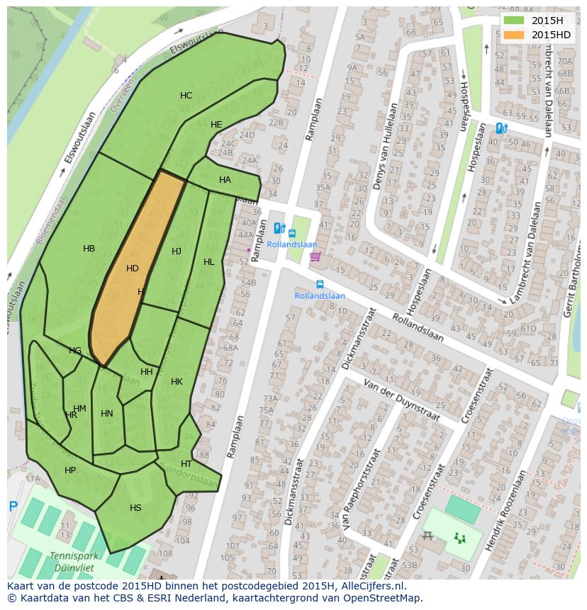 Afbeelding van het postcodegebied 2015 HD op de kaart.