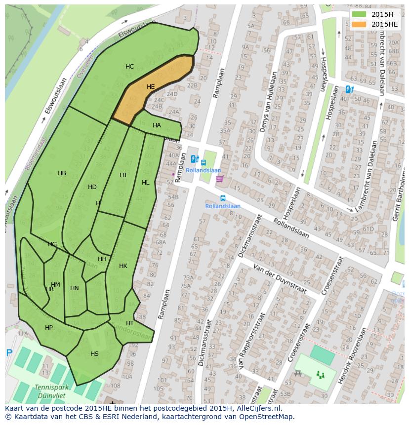 Afbeelding van het postcodegebied 2015 HE op de kaart.
