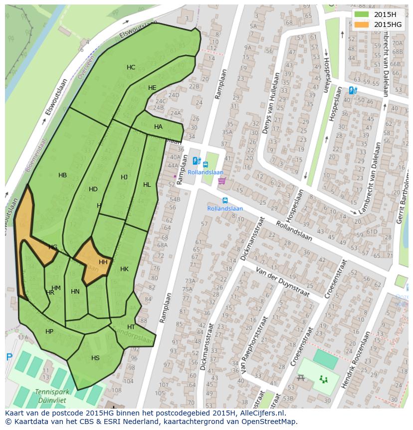 Afbeelding van het postcodegebied 2015 HG op de kaart.