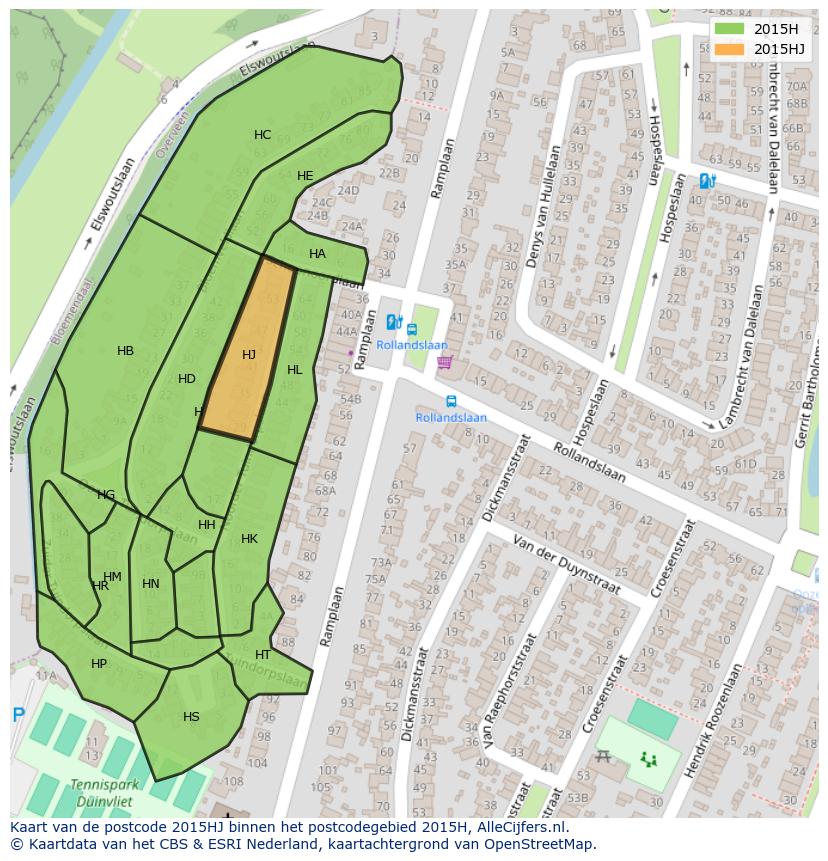 Afbeelding van het postcodegebied 2015 HJ op de kaart.