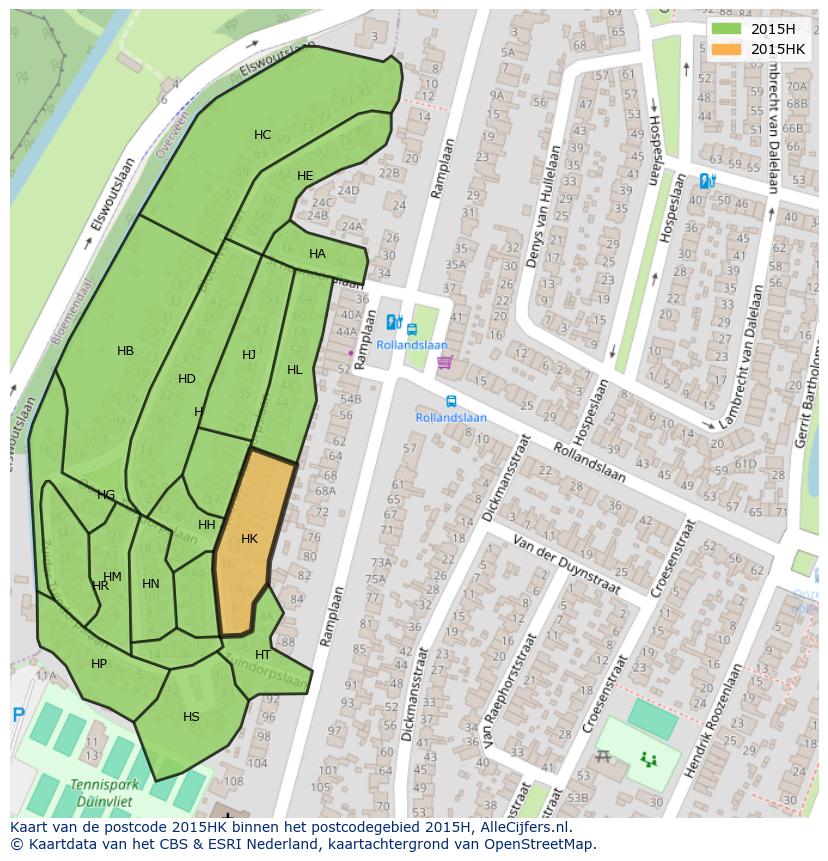 Afbeelding van het postcodegebied 2015 HK op de kaart.