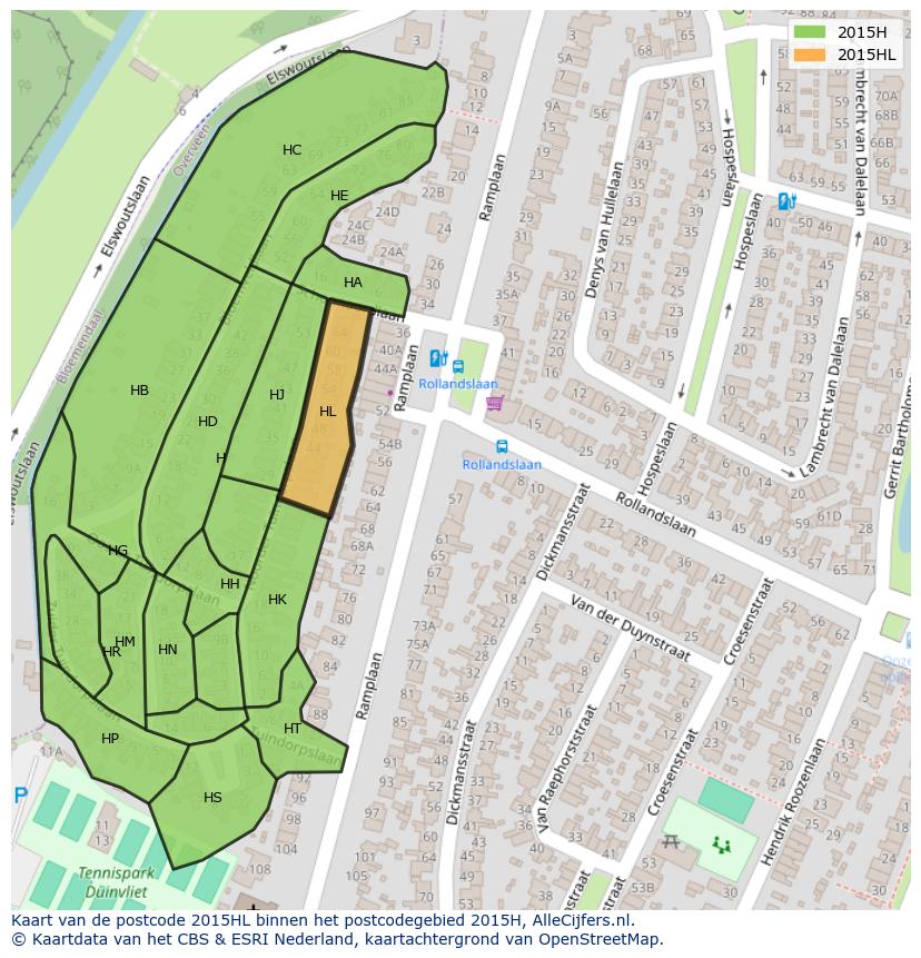 Afbeelding van het postcodegebied 2015 HL op de kaart.