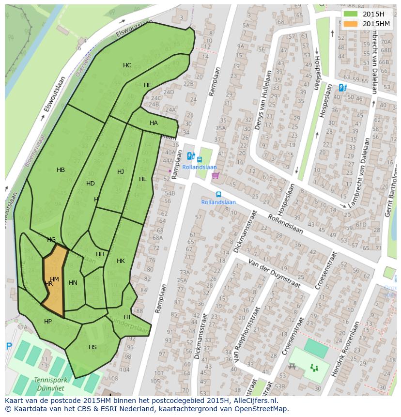 Afbeelding van het postcodegebied 2015 HM op de kaart.