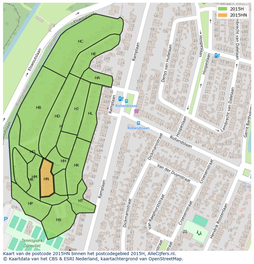 Afbeelding van het postcodegebied 2015 HN op de kaart.