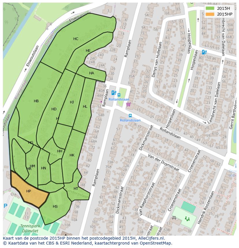 Afbeelding van het postcodegebied 2015 HP op de kaart.