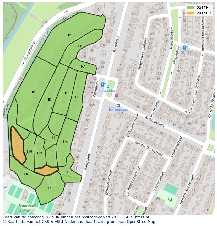 Afbeelding van het postcodegebied 2015 HR op de kaart.