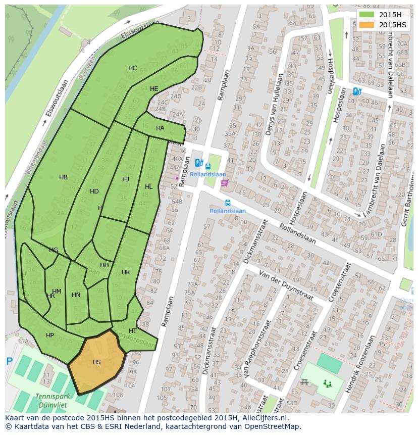 Afbeelding van het postcodegebied 2015 HS op de kaart.