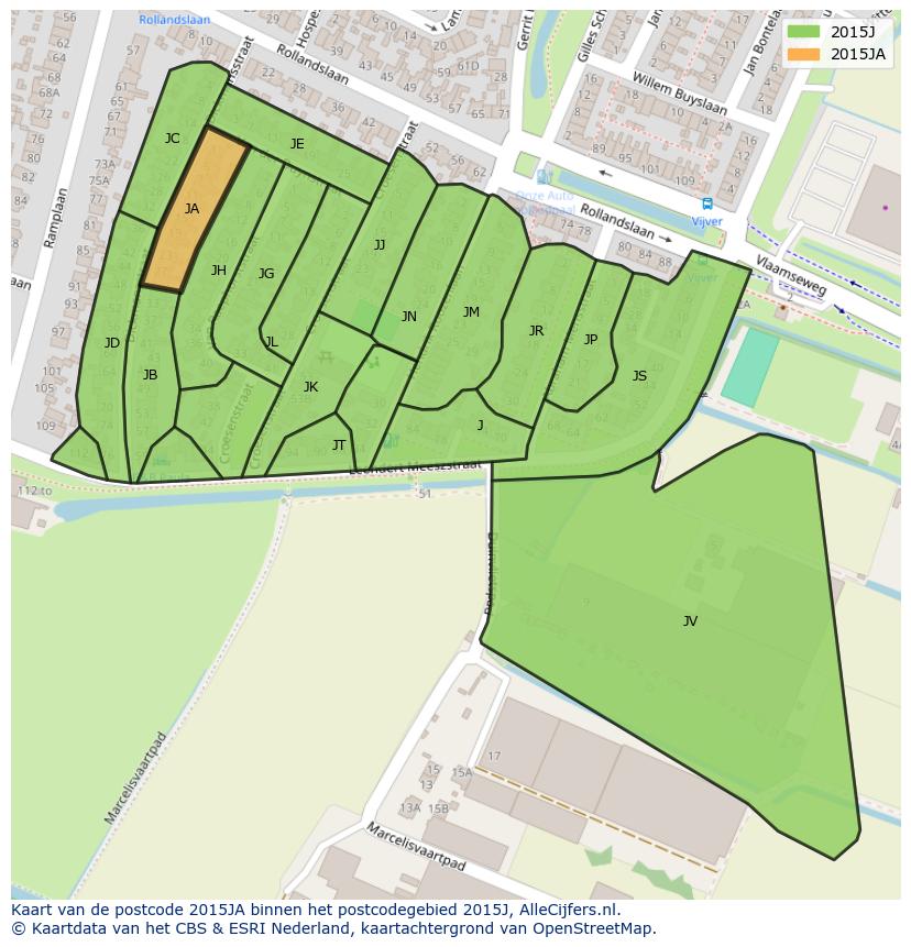 Afbeelding van het postcodegebied 2015 JA op de kaart.