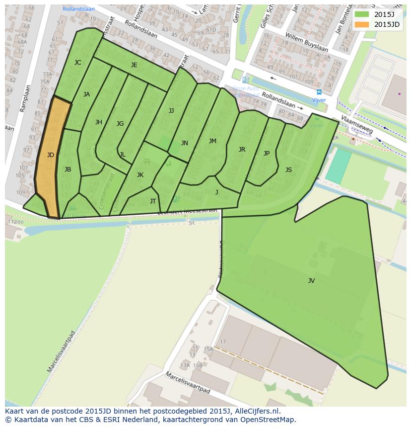 Afbeelding van het postcodegebied 2015 JD op de kaart.
