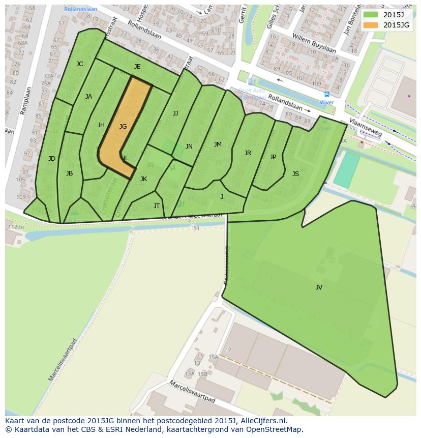 Afbeelding van het postcodegebied 2015 JG op de kaart.