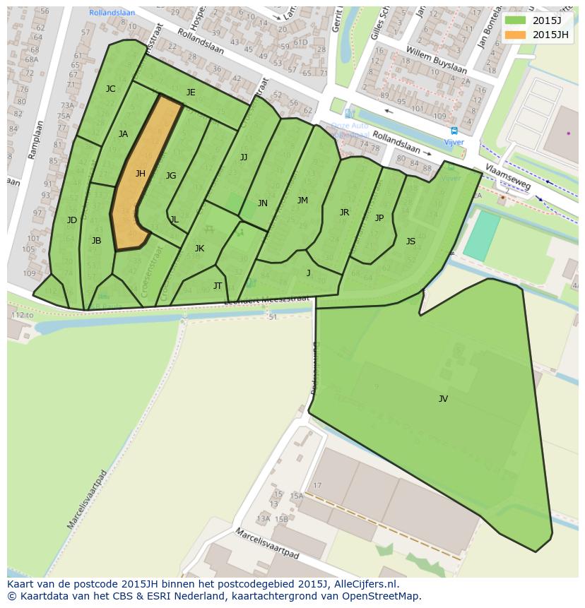 Afbeelding van het postcodegebied 2015 JH op de kaart.