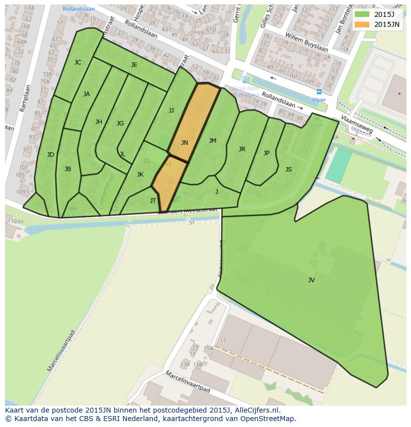 Afbeelding van het postcodegebied 2015 JN op de kaart.