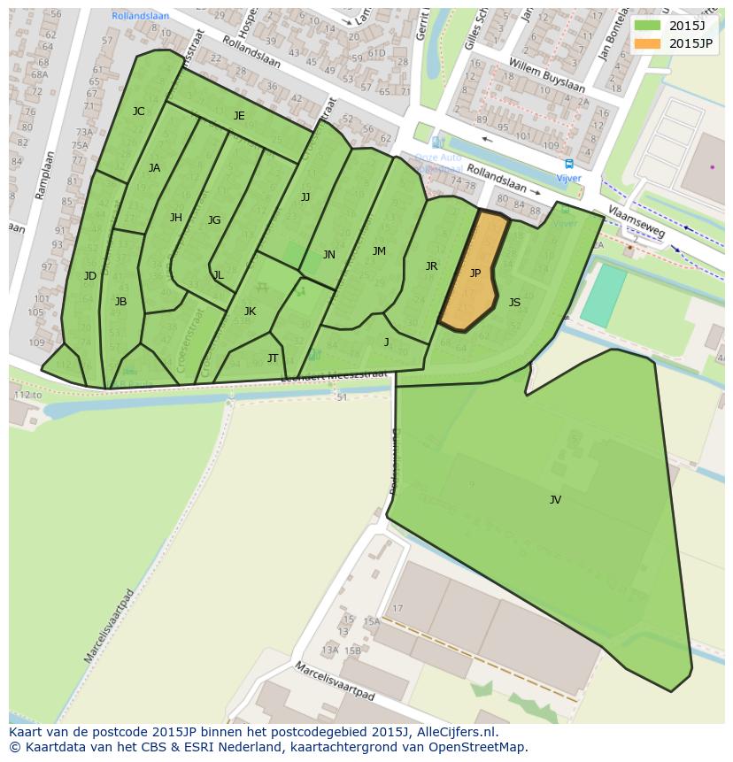 Afbeelding van het postcodegebied 2015 JP op de kaart.