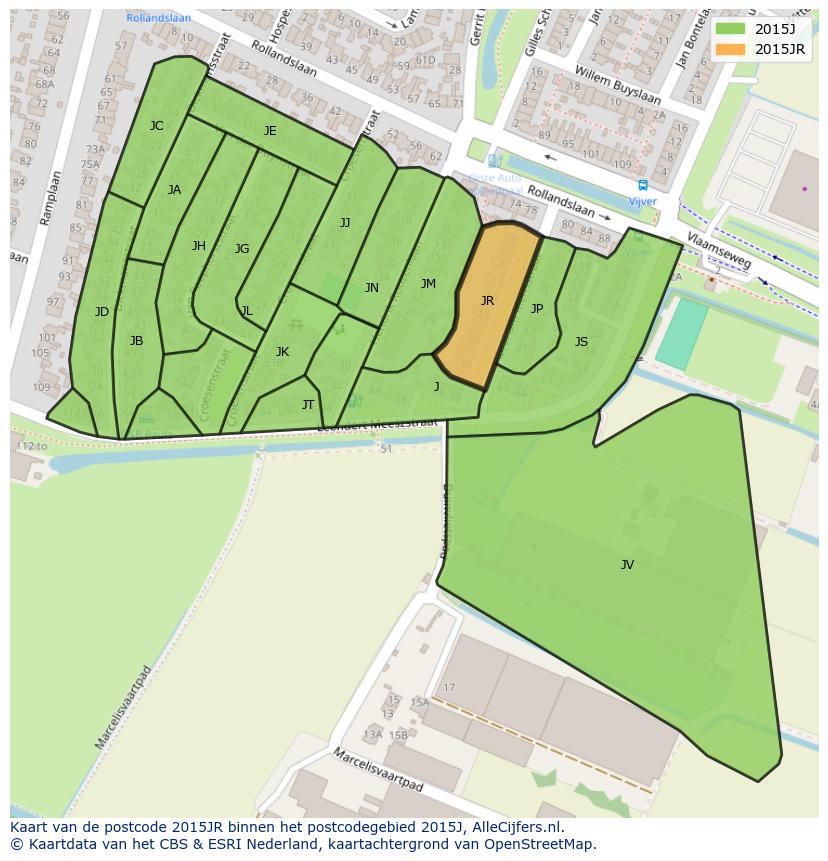 Afbeelding van het postcodegebied 2015 JR op de kaart.