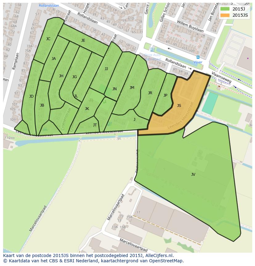 Afbeelding van het postcodegebied 2015 JS op de kaart.