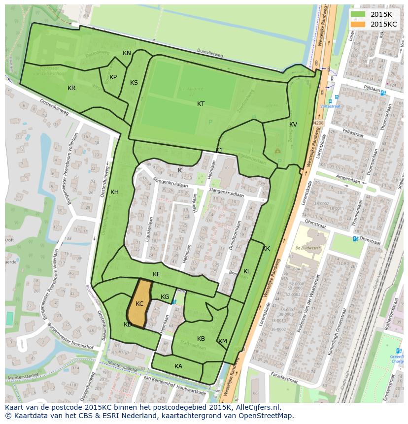 Afbeelding van het postcodegebied 2015 KC op de kaart.